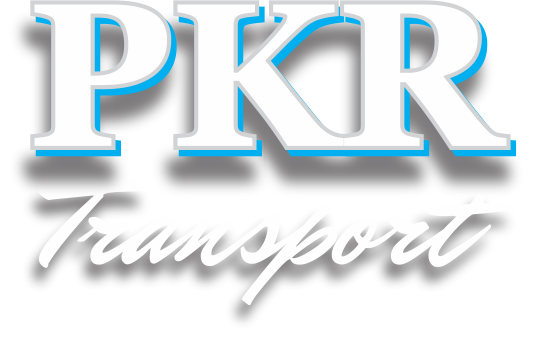 PKR Transport logo white and blue letters with grey shadow